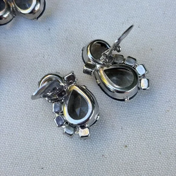 Vintage Rhinestone Brooch & Earrings Set Silver Tone Gray Clear Stones Open Back - Picture 4 of 8